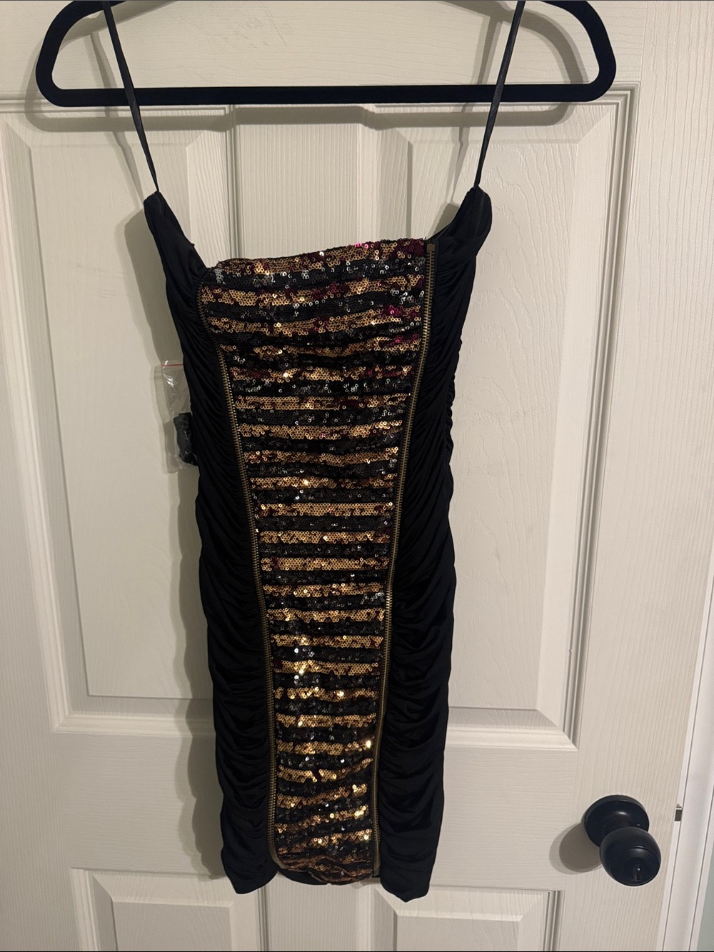 bebe Black Mini Dress with Gold Sequin Panel